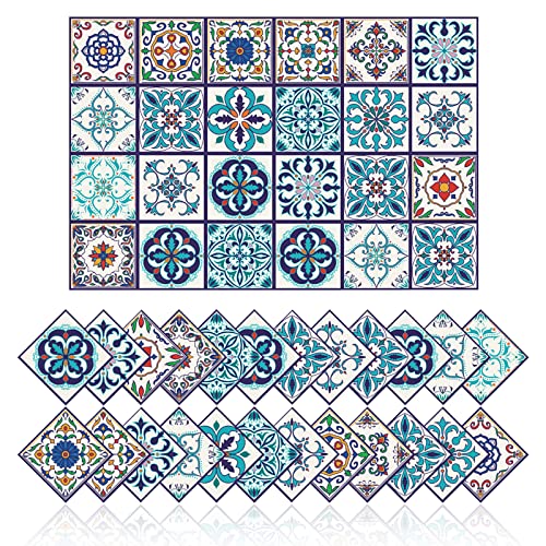 Cendray 24 Stück Fliesenaufkleber Wanddekoration Badezimmer Küche Bad Wandaufkleber wasserdichte PVC Dekorationsaufkleber Selbstklebend Mosaikfliesen - 2D Bunter Vintage Fliesenaufkleber (10x10cm) von Cendray