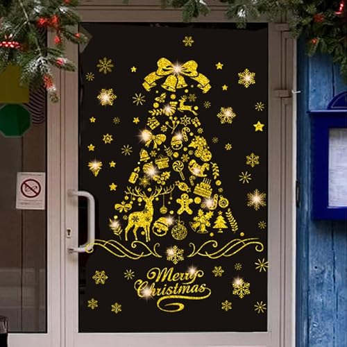 Weihnachten Fensteraufkleber, goldener glitzernder Weihnachtsbaum Fensterblöcke Aufkleber Weihnachtsaufkleber PVC Dekoration Abnehmbare Weihnachtsaufkleber Dekoration Haus Innen von Cendray