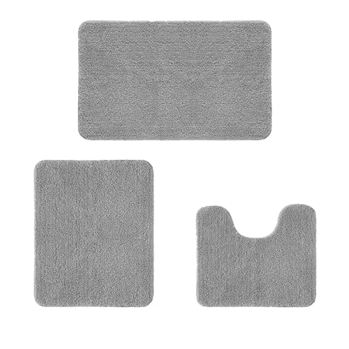 Ceneco Badematten-Sets 3 Stück rutschfeste Mikrofaser-Badematten waschbar 40×50cm U-Form Toilettenmatte, 50×60cm Kleiner Badvorleger, 50×80cm Badewannenteppich (Dunkelgrau) von Ceneco