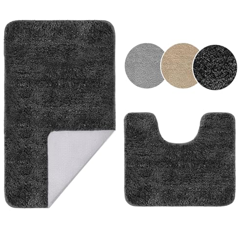 Ceneco Badezimmerteppich, Rutschfest Badematten Set 2 Teilig, Saugfähige Badematte, U-Form Toilettenmatte, Waschbar Badteppich Set, Mikrofaser Badvorleger Badezimmer Teppiche(Holzkohle,U40x50_50x80cm) von Ceneco