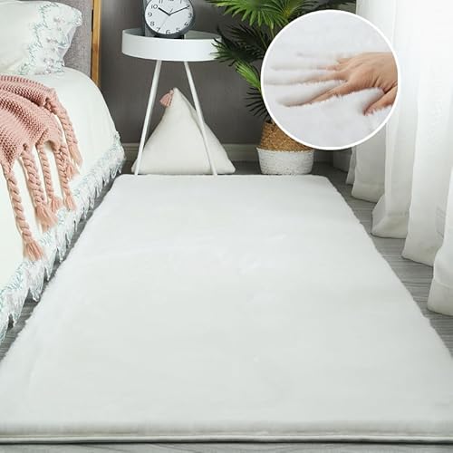 Ceneco Ultraweicher Teppich aus Kunstkaninchenfell, Nachttischteppich, rutschfeste Teppiche für Wohnzimmer, Schlafzimmer, Kinderzimmer(Weiß,60x90cm) von Ceneco