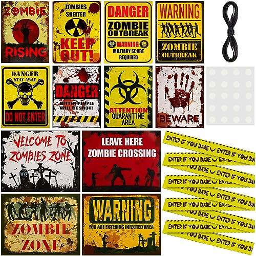 12 Stücke Zombie Zeichen Halloween Beware Schilder Zombie Zone Beware Schilder Halloween Karten Dekor mit Zombie Warnband für Halloween Party Spuk Haus Requisiten Gruselig Zombie Grusel Deko von Censen