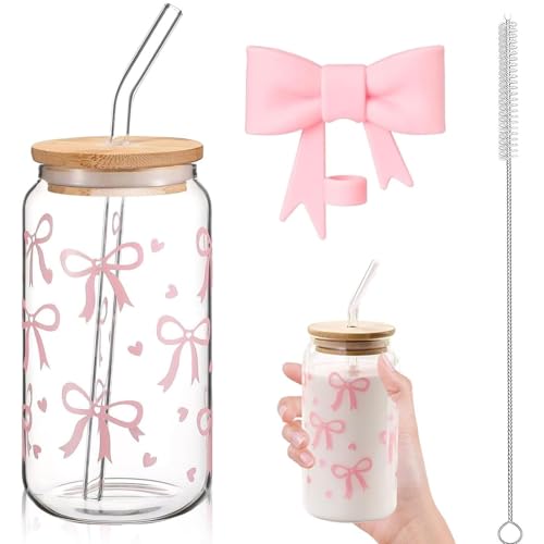 450ml Trinkglaser mit Deckeln und Strohhalmen, Glas Trinkbecher mit Staubdichte Strohdeckel und Stroh Reinigungsbürste, Rosa Schleife Glasbecher, Vielseitig Trinkglas für Kaffee Smoothie Cocktail Tea 450ml Trinkglaser mit Deckeln und Strohhalmen, Glas Trinkbecher mit Staubdichte Strohdeckel und Stroh Reinigungsbürste, Rosa Schleife Glasbecher, Vielseitig Trinkglas für Kaffee Smoothie Cocktail Tea von CensuobOB