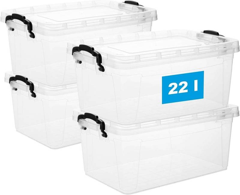 Centi Aufbewahrungsbox Stapelbare Plastikbox 22 Liter aus lebensmittelechtem Kunststoff (4er Set Boxen mit Deckl), transparent – Ideal für Küche & Haushalt von Centi