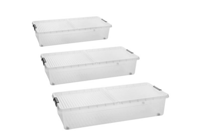Centi Aufbewahrungsbox Unterbettbox mit Rollen und Deckel, flach, transparent (3er-Set) von Centi