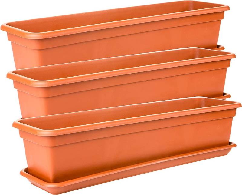 Centi Blumenkasten Balkonkasten Balkon eckig mit Untersetzer Terracotta (Spar Set, 3 St., 60 cm), Blumenkästen Fensterbank außen, hochwertiger Kunststoff, Made in EU von Centi