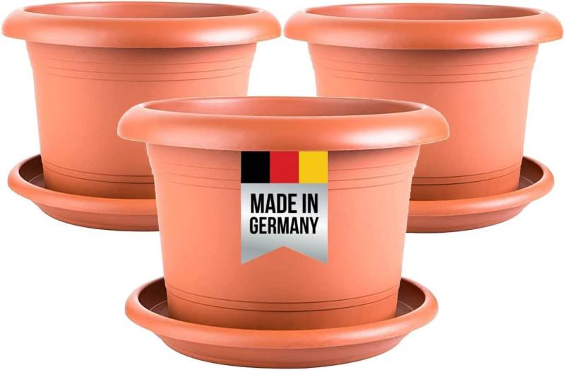 Centi Blumentopf Pflanzkübel groß außen, Blumentopf mit Untersetzer (Spar Set, 3 St., 35 cm), Pflanzentopf mit Löcher, Rundtopf Pflanztopf Terracotta von Centi