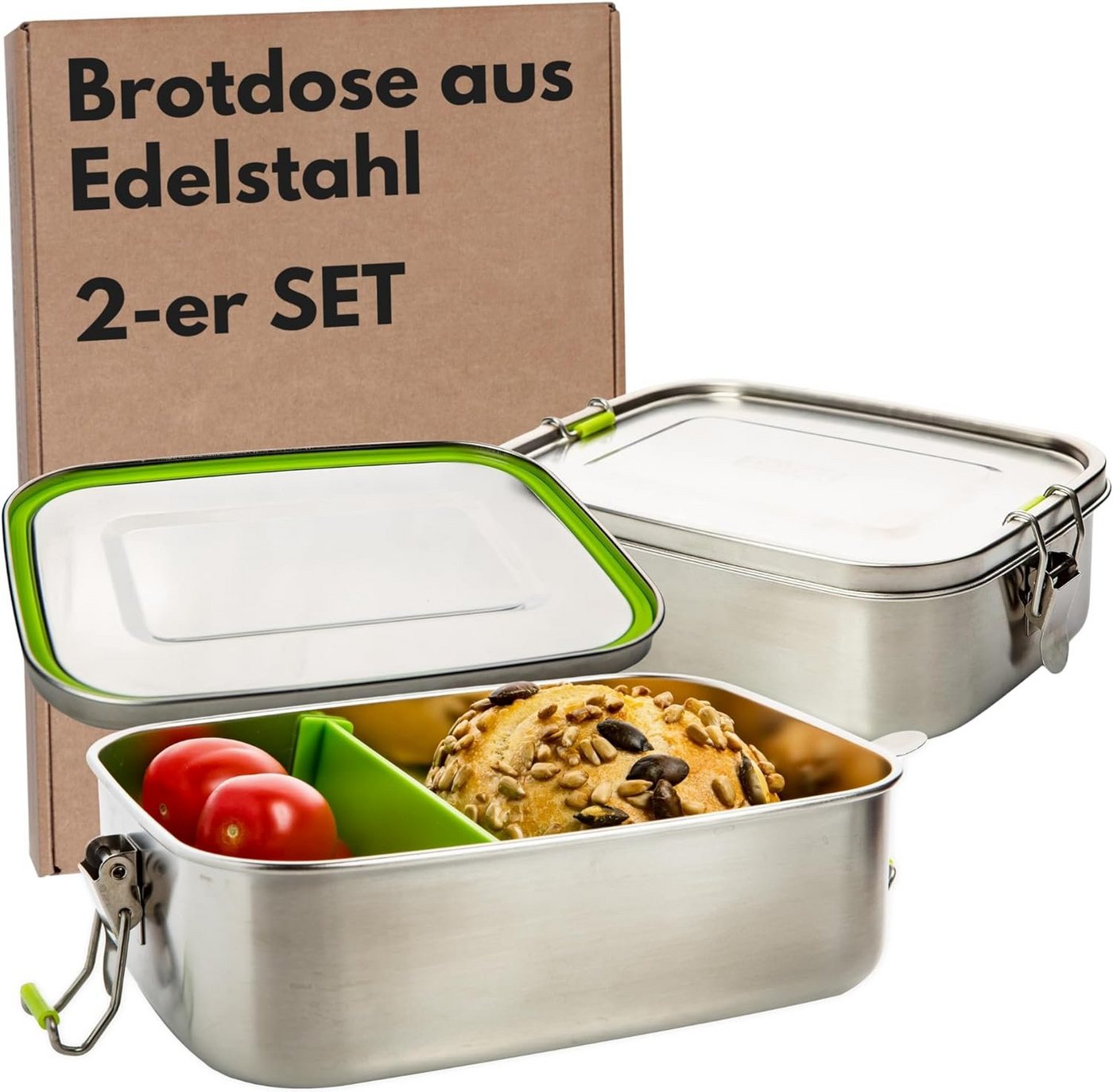 Centi Lunchbox Brotdose aus Edelstahl, Brotdose mit Fächern und Verschluss, Edelstahl, (Spar Set, 2-tlg., 14T x 20B x 6H cm 1 Liter), Brotdose für Erwachsene und Kinder, Brotzeitbox, Brotbüchse von Centi