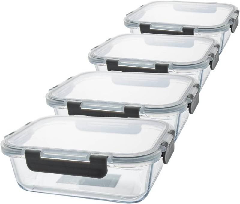 Centi Mikrowellenbehälter NOVARA Mikrowellenbehälter-Set 1500 ml, Glas, (4er-Set), – mit Klickdeckel – 23 × 17 × 7 cm – von Centi