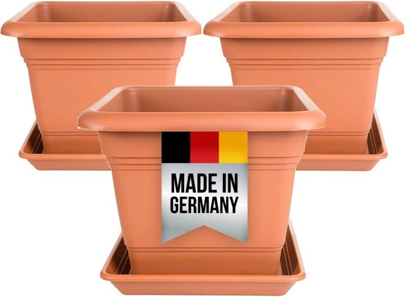 Centi Pflanzkübel Blumenkübel eckig Blumentopf (Spar Set, 3 St., 28 x28 cm), inkl. Untersetzer Pflanztopf, Made in Germany, Farbe: Terracotta von Centi