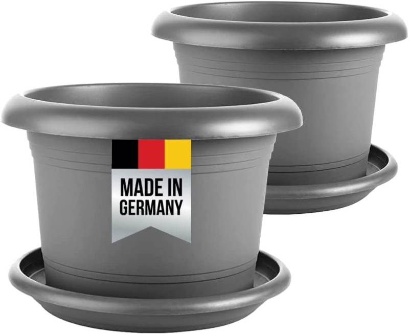 Centi Pflanzkübel Blumentöpfe Gross, Pflanzkübel groß außen mit Untersetzer (Set, 2 St., Ø 40 cm, Anthrazit), Pflanztopf Rundtopf, Pflanzentopf, mit Untersetzer von Centi