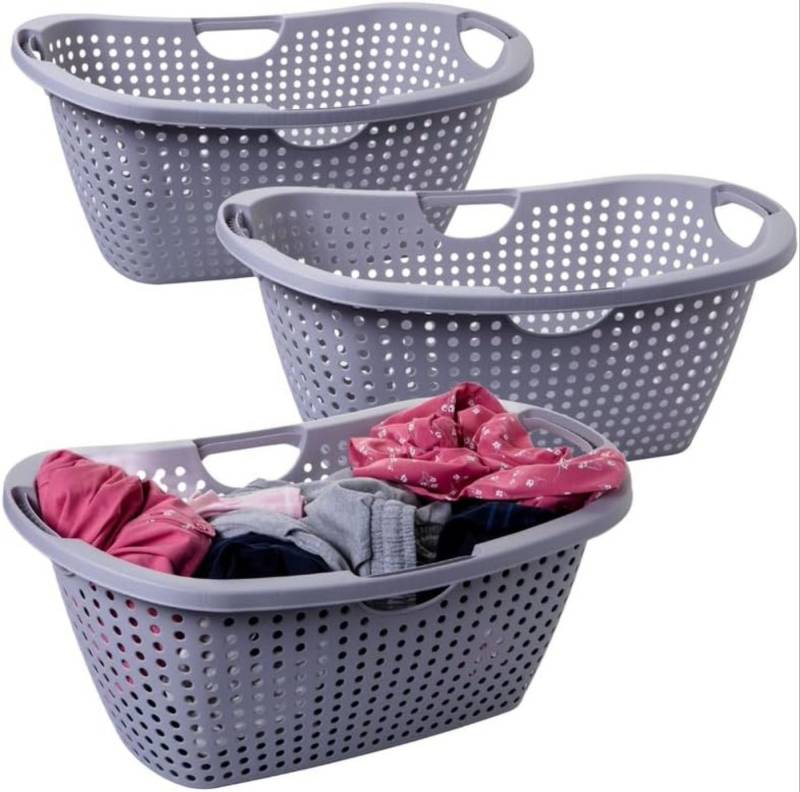 Centi Wäschekorb BENNY 62 L (3er-Set), – hellgrau – 60 × 40 × 26 cm – stapelbar von Centi
