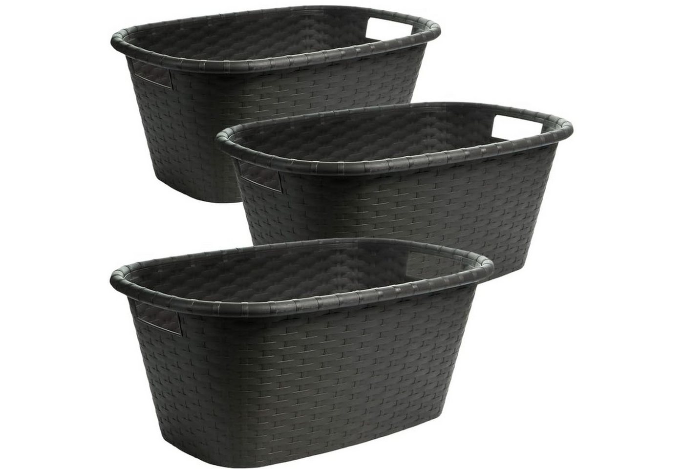 Centi Wäschewanne Wäschewanne Rattanoptik schwarz 35L rutschfest (3er-Set), Waschschüssel mit Griffen von Centi
