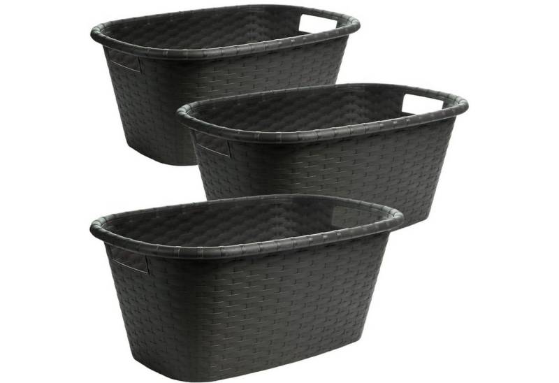 Centi Wäschewanne Wäschewanne Rattanoptik schwarz 35L rutschfest (3er-Set), Waschschüssel mit Griffen von Centi