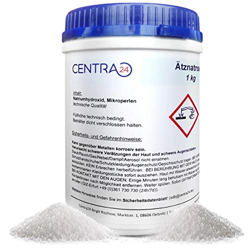 Centra24 Natriumhydroxid, Perlen, 1 KG in Dose, Ätznatron, Laugenperlen, Abbeizen, Lauge, Seife, Reiniger, Kaustisches Soda, NaOH, Seifennatron, Industrie, Labor, Rohrreiniger von Centra24