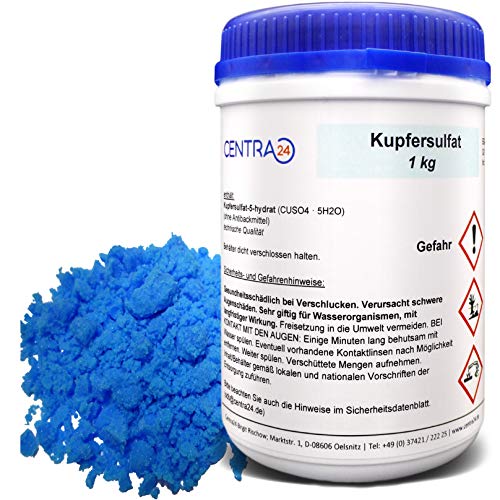 Kupfersulfat 1kg in Dose von Centra24, Made in GERMANY, Kupfervitriol, Kupfer-II-sulfat-5-hydrat, Wasser, CUSO4 5H2O, Kristallzucht, Blaustein, Verkupfern, von Centra24