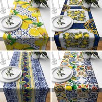 Zitrusblau & Gelb Tischläufer, Lemon Küchenläufer, Florale Tischdecke, Blumen Tischdekoration, Esstisch Dekor, Mittelstück Läufer von CentralHomeStore