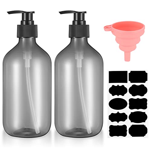2 Stück 500 ml Shampoo Flaschen zum Befüllen, Duschgel Flasche, Leere nachfüllbare Pumpflaschen, Seifenspender Kunststoff für Lotionen Shampoos, mit Trichter, Etiketten (Grau) von Cents matter