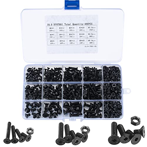 480 Stk Schrauben und Muttern Sortiment Kit, M3 M4 M5 Innensechskant , Flachkopf . von Hafeehoo