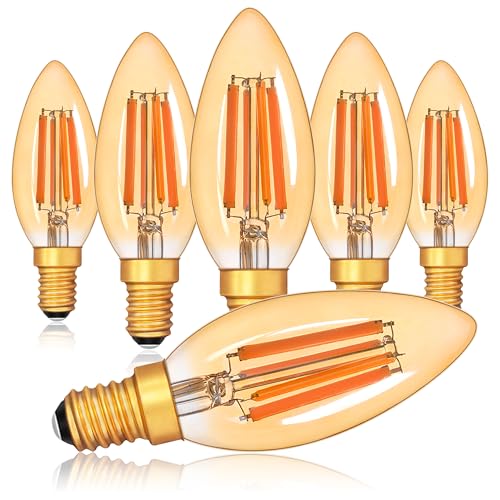 E14 Led Dimmbar Edison Vintage Glühbirne, C35 E14 Kerzenlampe, 6W LED Lampe ersetzt 60 Watt Birne, 2200K schönes warmes licht, 550lm Dekorative Glühbirne für Kronleuchter Hänge Kristalllampe, 6 Stück von Century Light