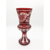 Lausitzer Cranberry Boho Glasvase Cut To Clear Floral Deer & Castle 30cm von Centuryimports2010