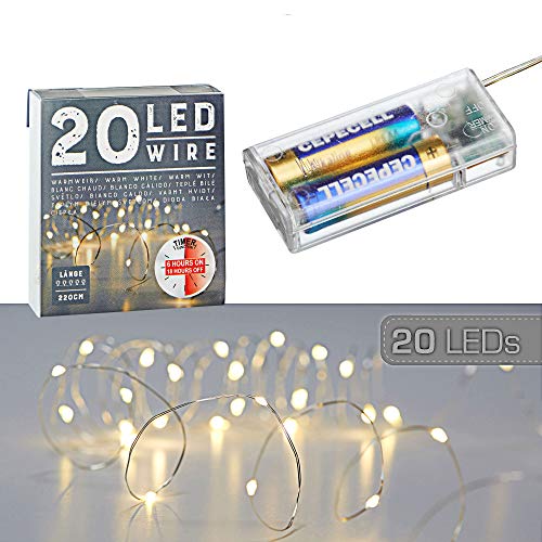 Cepewa Mikro Draht Lichterkette Stern warmweiß silber Batterie Deko Beleuchtung Weihnachten Timer (1 x 20 LED Mikro-Draht Lichterkette) von Cepewa