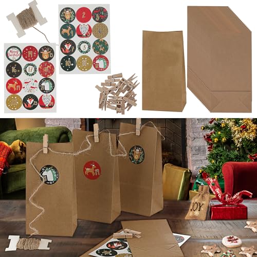 Adventskalender DIY Bastelset 72tlg.│ Papier Jute Holz 12x24x6cm │ Weihnachten Papiertüten Zahlensticker Schnur Klammern Kalender (1 x Adventskalender Bastelset 72tlg.) von Cepewa