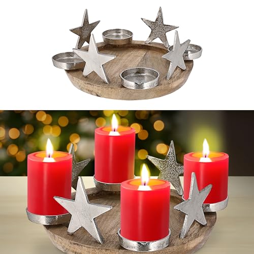 Adventskranz Stern | Mangoholz Aluminium 34x13x34 cm | Adventsleuchter für 4 Stumpenkerzen Ø 6,5cm (1 x Adventskranz Stern) von Cepewa