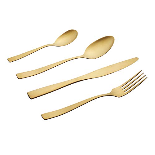 16 teiliges Besteck Set aus 430er Edelstahl Messer Gabel Löffel Teelöffel Designerbesteck spülmaschinenfestfür 4 Personen (gold matt) von Cepewa