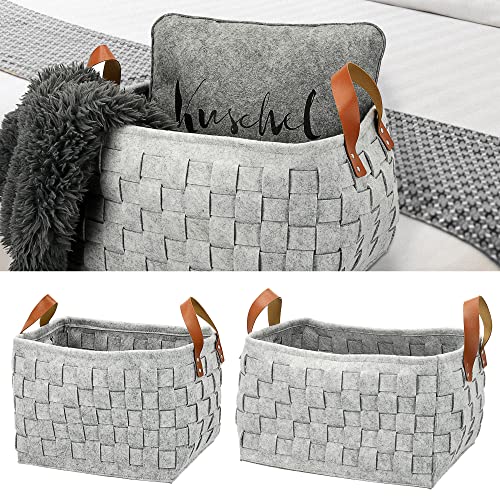 Cepewa Aufbewahrungskorb 2er Set Flechtmuster | Filz hellgrau zwei Größen | Griffe in Lederoptik Korb von Cepewa
