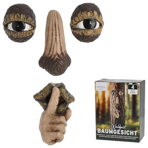 Cepewa Baumgesicht Waldgeist Ruhe-Geste 4teilig | Polyresin naturfarben | Nase Augen Mund Baumdeko Gartendeko | Zauberwald Geist Gesicht (Baumgesicht) von Cepewa