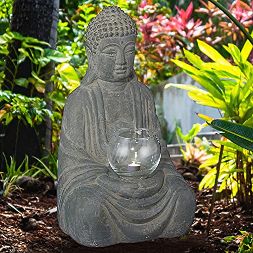 Cepewa Buddha mit Windlicht sitzend │ grau H 28cm Skulptur mit Teelichthalter │Feng Shui Gartenfigur von Cepewa