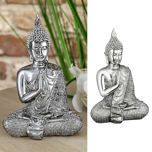 Cepewa Buddha sitzend | 12x17,5x7cm Silber Polyresin | Statue Skulptur Feng Shui Lotussitz | Wohndeko Meditation von Cepewa