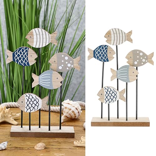 Cepewa Deko Fische auf Ständer | 15x24,5cm MDF Eisen naturfarben blau grau| Fischschwarm aus 5 Holzfischen von Cepewa