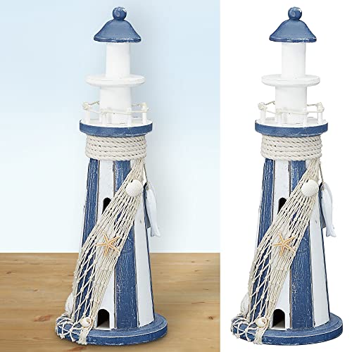 Cepewa Deko Leuchtturm │ Holz Seil Fischernetz Muscheln H37cm │ weiß blau Maritime Dekoration │ Leuchtfeuer Richtfeuer (1 x Leuchtturm H37cm Muscheln) von Cepewa
