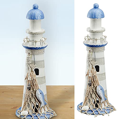 Cepewa Deko Leuchtturm │ Holz Seil Muscheln H30cm │ weiß Natur blau Maritime Dekoration │ Leuchtfeuer Richtfeuer (1 x Leuchtturm H30cm) von Cepewa