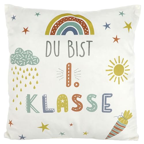 Cepewa Dekokissen 'Du bist die 1. Klasse' | 40x40cm weiß bunt Polyester | 280g Füllung Motivkissen mit Reißverschluss (Kissen Du bist 1. Klasse) von Cepewa