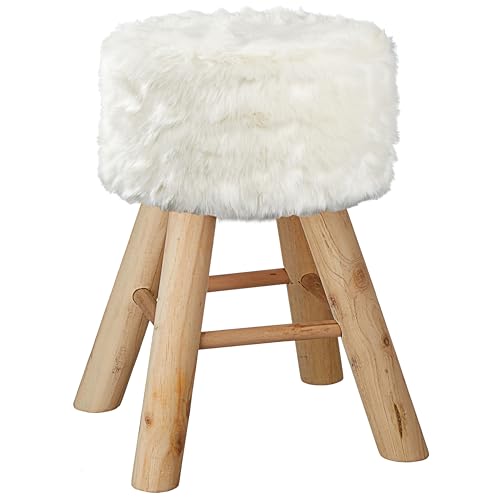 Cepewa Fellhocker weiß rund | 28x40cm Kiefer Polyester Schaumstoff | Sitzhocker mit Kunstfell und Holzfüssen (1 x Fellhocker rund) von Cepewa