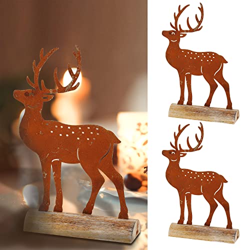 Cepewa Fensterbankdeko Rentier 2er Set | Metall Holzsockel Rostoptik | Hirsch im Vintage Design Weihnachtsdeko (1 x 2er Set Rentier H23cm) von Cepewa