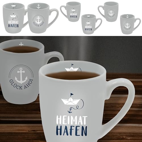 Cepewa Kaffeebecher 'Maritim' 6er Set | 12,5x9,5x8cm Steinzeug grau 350 ml | Henkelbecher mit Motive (1 x 6er Set Kaffeebecher Maritim) von Cepewa