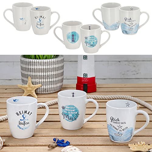 Cepewa Kaffeebecher maritimer Aufdruck 3er Set | 12,5x9,5x8,2cm Steingut 350 ml | Henkelbecher mit drei Motiven (1 x 3er Set Kaffeebecher Maritim) von Cepewa