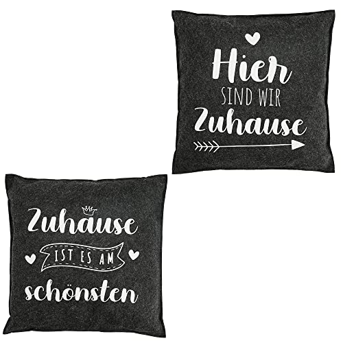 Cepewa Kissen Filz 2er Set Zuhause │ 38x38cm Print 2 Motive Spruch dunkelgrau │ Kuschelkissen Sofakissen Dekokissen (1 x 2er Set Kissen dunkelgrau) von Cepewa