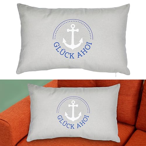 Cepewa Kissen Glück AHOI | 50x30cm hellgrau blau weiß Baumwolle Polyester | 280g Füllung Sofakissen maritim (1 x Kissen AHOI) von Cepewa