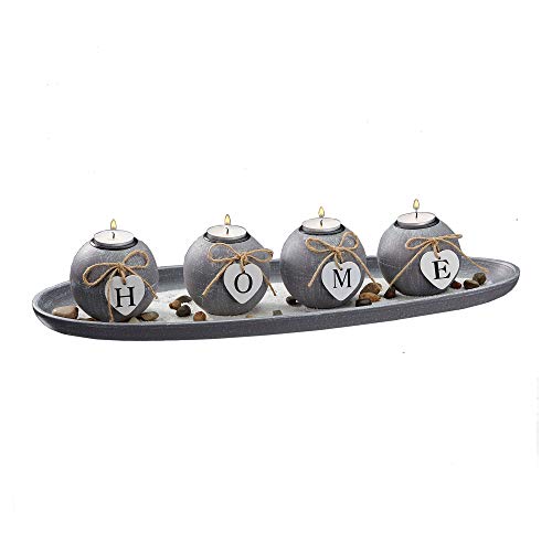 Kugelteelichthalter modern Set Home grau auf vvalem Tablett mit Steinen und Sand für Teelichter Deko von Cepewa