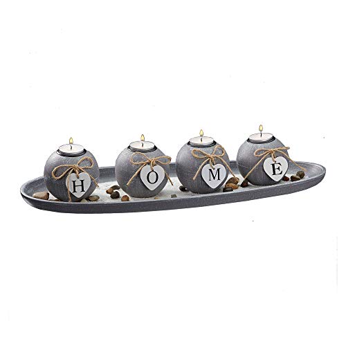 Cepewa Kugelteelichthalter modern Set Home grau auf vvalem Tablett mit Steinen und Sand für Teelichter Deko von Cepewa
