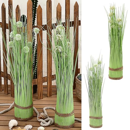 Cepewa Kunstblume Grasbündel 2er Set | 10x60cm Kunststoff hellgrün weiß | Kunstpflanze Ziergras mit Kordel (1 x 2er Set Grasbündel Blüten 60cm) von Cepewa