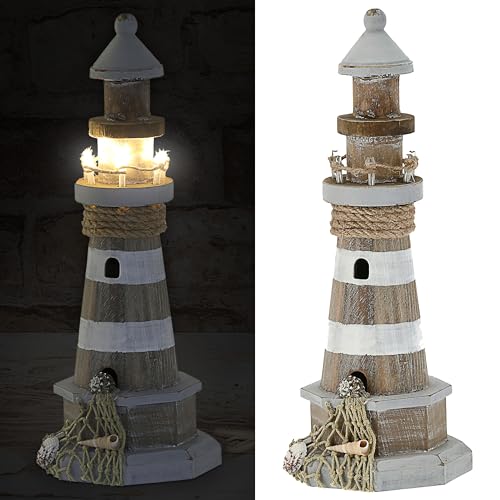 Cepewa LED Deko Leuchtturm │ Holz Kiefernholz Jute H29cmn │ weiß grau Maritime Dekoration │ Leuchtfeuer Richtfeuer (1 x LED Leuchtturm H29cm) von Cepewa