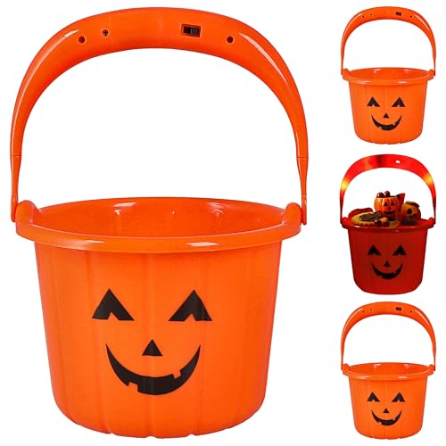 Cepewa LED Halloween Sammeleimer 4er Set | schwarz orange 13x10cm Kunststoff | 4 LEDs batteriebetrieben | Kürbis Süßigkeiteneimer von Cepewa