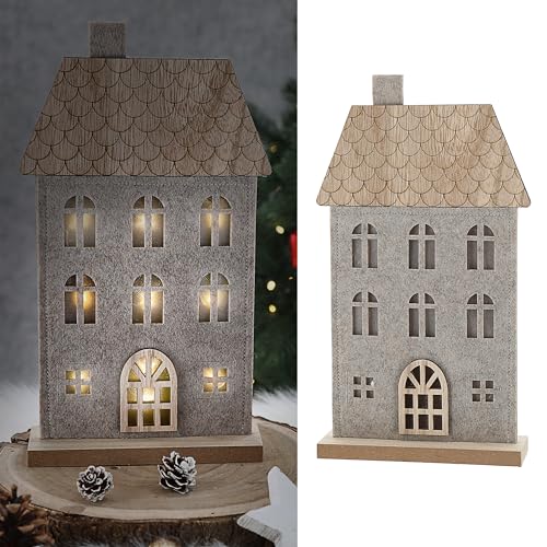 Cepewa LED Haus auf Holzfuss | Polyesterfilz MDF 17x30x5cm 9 LEDs batteriebetrieben | Leuchthaus mit Timerfunktion von Cepewa