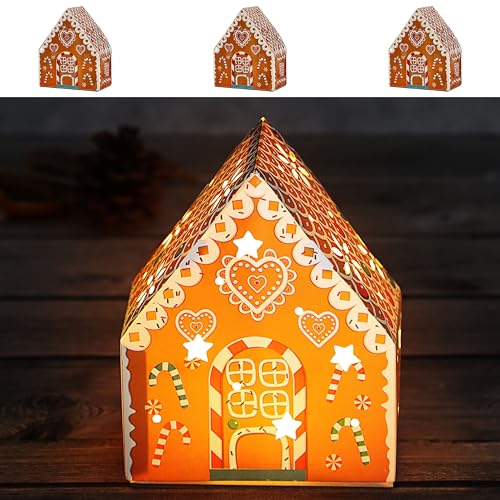 Cepewa LED Lebkuchenhaus 3er Set | 12x15x7cm Plastik Papier warmweiße LED | Beleuchtung batteriebetrieben | Weihnachtsdekoration von Cepewa